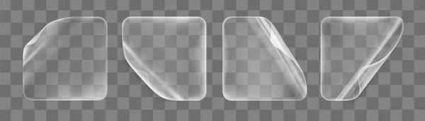 Прозорі наклеєні квадратні наклейки з вигнутими кутами наклеюють встановлені. Порожній клейкий папір або пластикова наклейка з вигнутим ефектом. Теги міток шаблонів крупним планом. 3d реалістична векторна піктограма — стоковий вектор