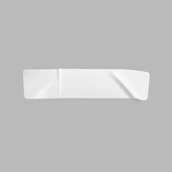White glued crumpled rectangle sticker mock up. Blank white adhesive paper or plastic sticker label with wrinkled and creased effect. Template label tag close up. 3d realistic vector — Stock Vector