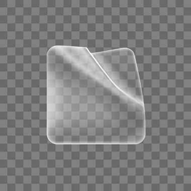 Şeffaf, buruşmuş kare yapıştırması. Boş yapışkan şeffaf kağıt veya kıvrık ve buruşuk efektli plastik etiket. 3d gerçekçi vektör simgesi