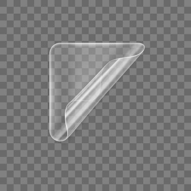 Şeffaf yapıştırılmış kare yapıştırıcı ve kıvrımlı köşe modeli. Boş yapışkan kağıt ya da kıvrımlı efektli plastik etiket. Şablon etiketi kapat. 3d gerçekçi vektör simgesi
