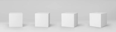 Beyaz 3d küplerin perspektifi gri arka planda izole edildi. Işıklı ve gölgeli 3D model kutusu. Gerçekçi vektör simgesi