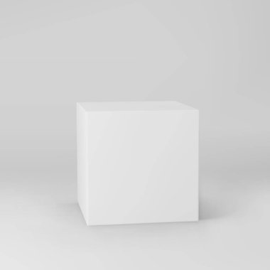 Gri arkaplanda izole edilmiş beyaz 3d küp. Işıklı ve gölgeli 3D model kutusu. Gerçekçi vektör simgesi