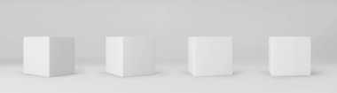 Beyaz 3d küplerin perspektifi gri arka planda izole edildi. Işıklı ve gölgeli 3D model kutusu. Gerçekçi vektör simgesi