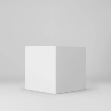 Gri arkaplanda izole edilmiş beyaz 3d küp. Işıklı ve gölgeli 3D model kutusu. Gerçekçi vektör simgesi