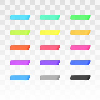 Renkli fosforlu çizgiler şeffaf arkaplanda izole edildi. Kırmızı, sarı, pembe, yeşil, mavi, mor, gri, siyah keçeli kalem altı vuruşları. Vektör el çizilmiş grafik stil ögesi