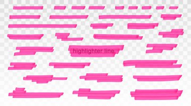 Pink highlighter lines set isolated on transparent background. Marker pen highlight underline strokes. Vector hand drawn graphic stylish element clipart