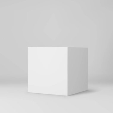 Gri arkaplanda izole edilmiş beyaz 3d küp. Işıklı ve gölgeli 3D model kutusu. Gerçekçi vektör simgesi