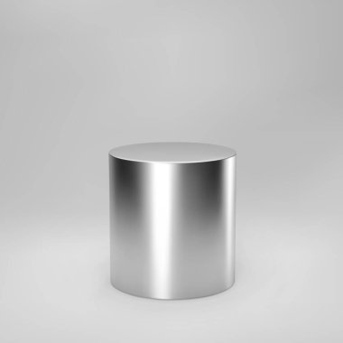Gri arkaplanda perspektifi izole edilmiş gümüş 3D silindir ön görünüm. Silindir sütun, krom çelik boru, müze sahnesi, kaide ya da ürün podyumu. 3d geometrik şekil vektörü