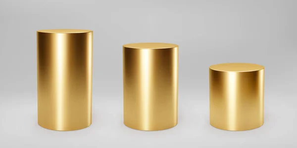 Золотой трехмерный цилиндр устанавливает вид спереди и уровни с перспективой изолированного на сером фоне. Цилиндрический столб, золотая труба, музейные сцены, пьедесталы или подиум. Трехмерный вектор основных геометрических форм — стоковый вектор