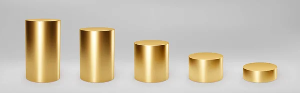 Gold 3D-Zylinder mit Frontansicht und Ebenen mit isolierter Perspektive auf grauem Hintergrund. Zylindersäule, goldene Pfeife, Museumsbühnen, Podeste oder Produktpodest. 3D grundlegende geometrische Formen Vektor — Stockvektor