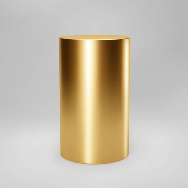 Goud 3d cilinder vooraanzicht met perspectief geïsoleerd op grijze achtergrond. Cilinderpilaar, gouden pijp, museumpodium, voetstuk of productpodium. 3d basis geometrische vorm vector — Stockvector