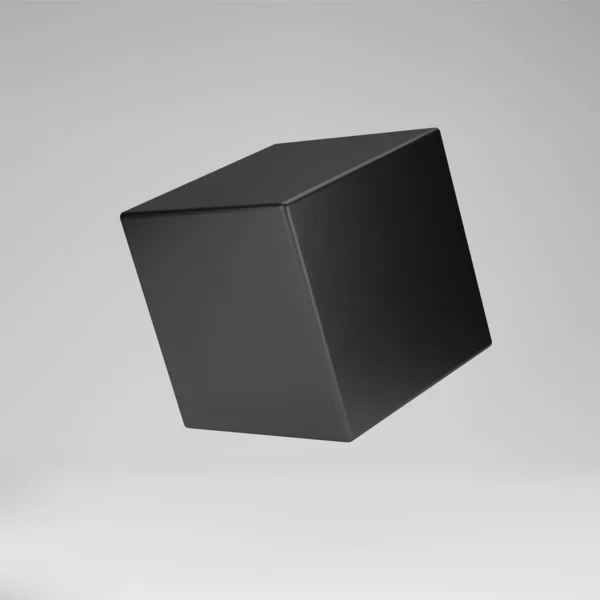 Cubo di modellazione 3d nero con prospettiva isolata su sfondo grigio. Rendi una casella 3d rotante in prospettiva con illuminazione e ombra. Illustrazione vettoriale geometrica di base 3d — Vettoriale Stock