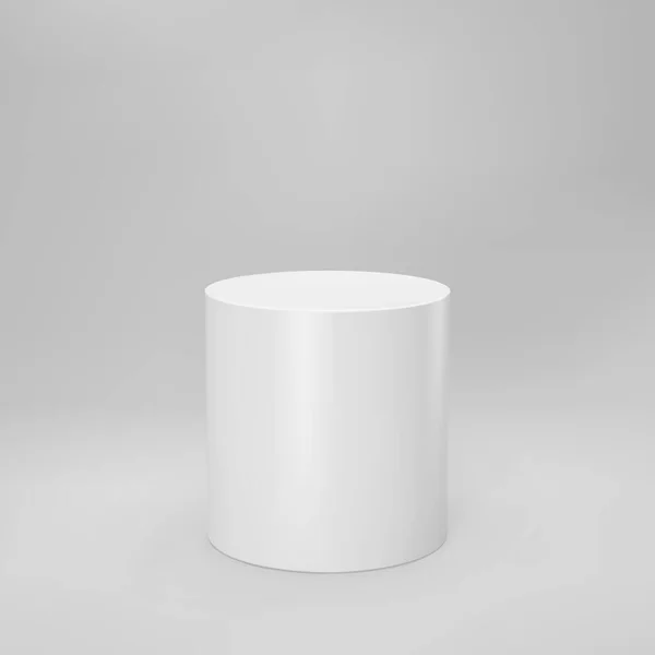 Vista frontale cilindro 3d bianco con prospettiva isolata su sfondo grigio. Pilastro cilindro, palcoscenico museo vuoto, piedistallo o podio prodotto. Illustrazione vettoriale geometrica di base 3d — Vettoriale Stock