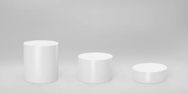 Beyaz 3d silindir ön görünüm ve perspektifi gri arkaplanda izole edilmiş seviyeler. Silindir sütun, boş müze sahneleri, kaideler veya ürün podyumu. 3d temel geometrik şekiller vektör illüstrasyonu Stok Illüstrasyon