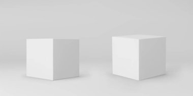 Beyaz 3d küplerin perspektifi gri arka planda izole edildi. Işıklı ve gölgeli 3D model kutusu. Gerçekçi vektör simgesi.