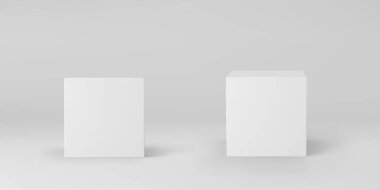 Beyaz 3d küplerin perspektifi gri arka planda izole edildi. Işıklı ve gölgeli 3D model kutusu. Gerçekçi vektör simgesi