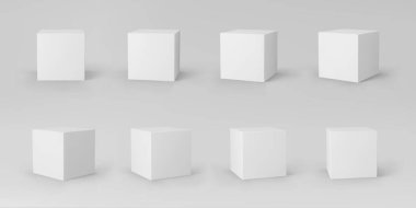 Beyaz 3d küplerin perspektifi gri arka planda izole edildi. Işıklı ve gölgeli 3D model kutusu. Gerçekçi vektör simgesi