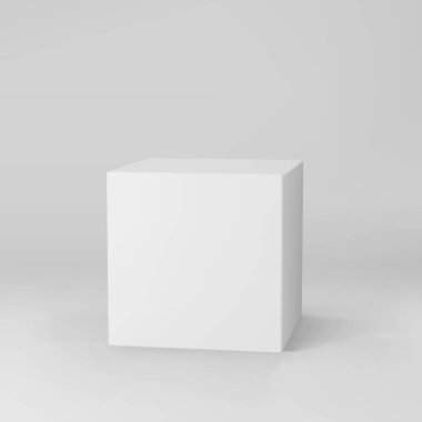 Gri arkaplanda izole edilmiş beyaz 3d küp. Işıklı ve gölgeli 3D model kutusu. Gerçekçi vektör simgesi
