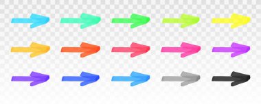 Renkli fosforlu oklar şeffaf arkaplanda izole edildi. Kırmızı, sarı, pembe, yeşil, mavi, mor, gri, siyah işaret okları. Vektör el çizilmiş grafik stil ögesi.