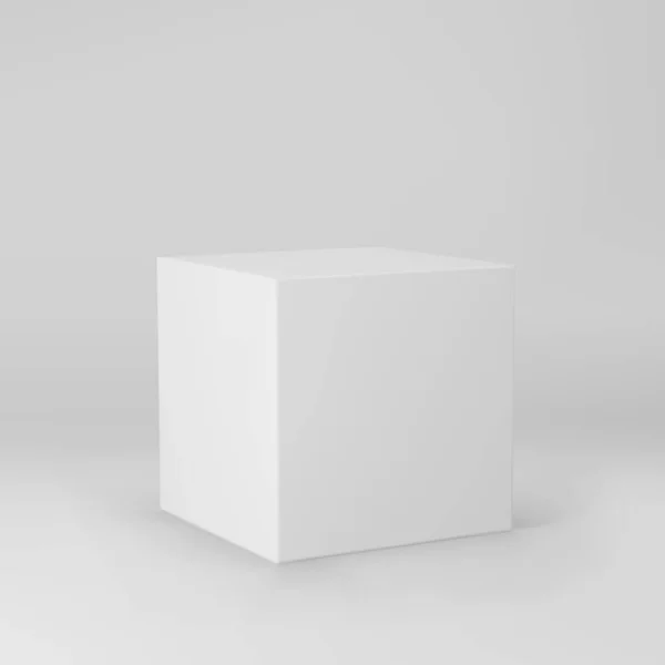 Witte 3D kubus met perspectief geïsoleerd op grijze achtergrond. 3D modelleringsbox met verlichting en schaduw. Realistisch vectoricoon — Stockvector