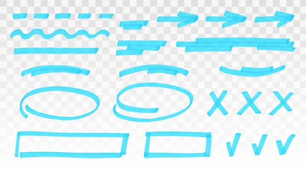 青のハイライトセット-透明な背景に隔離された線、矢印、十字、チェック、楕円形、長方形。マーカーペンのハイライトはストロークを強調します。ベクトル手描きグラフィックスタイリッシュな要素 — ストックベクタ