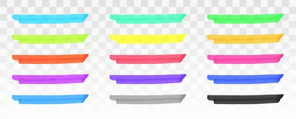 Color highlighter lines set isolated on transparent background. Red, yellow, pink, green, blue, purple, gray, black marker pen highlight underline strokes. Vector hand drawn graphic stylish element — Stock Vector