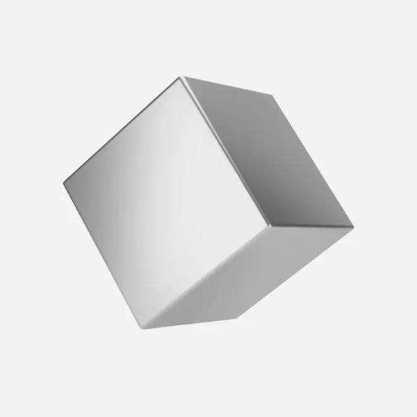 3d prata metal cubo isolado no fundo de luz. Renderize uma caixa de aço cromado rotativa em perspectiva com iluminação e sombra. Forma geométrica vetorial realista — Vetor de Stock