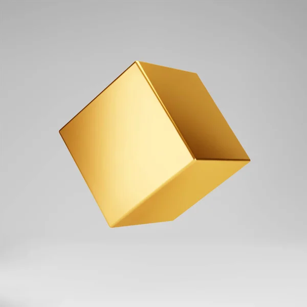 3d goud metalen kubus geïsoleerd op grijze achtergrond. Maak een roterende glanzende gouden 3d box model in perspectief met verlichting en schaduw. Realistische vectorgeometrische vorm — Stockvector