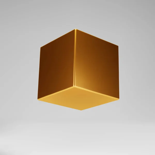 3d χρυσό μεταλλικό κύβο απομονώνονται σε γκρι φόντο. Αποδώστε ένα περιστρεφόμενο γυαλιστερό χρυσό 3d κουτί μοντέλο σε προοπτική με φωτισμό και σκιά. Ρεαλιστικό διανυσματικό γεωμετρικό σχήμα — Διανυσματικό Αρχείο