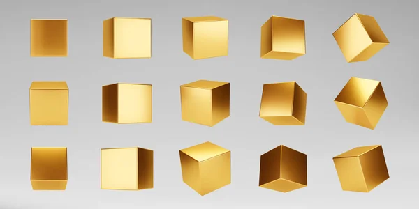Gri arka planda izole edilmiş 3D altın metalik küpler. Işık ve gölgeyle perspektifi farklı olan parlak, üç boyutlu bir kutu modeli oluştur. Gerçekçi vektör geometrik şekilleri Stok Illüstrasyon