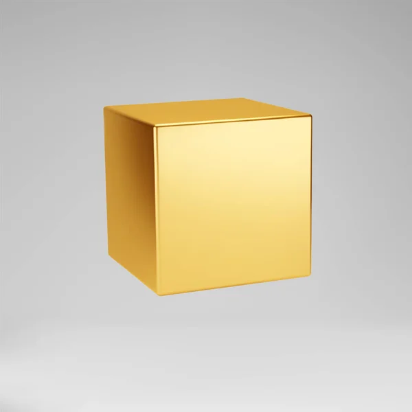 Gri arkaplanda 3 boyutlu altın metalik küp izole edilmiş. Işık ve gölgeyle perspektifte dönen parlak bir 3D kutu modeli oluştur. Gerçekçi vektör geometrik şekil Stok Vektör