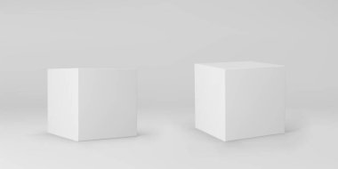 Beyaz 3d küplerin perspektifi gri arka planda izole edildi. Işıklı ve gölgeli 3D model kutusu. Gerçekçi vektör simgesi