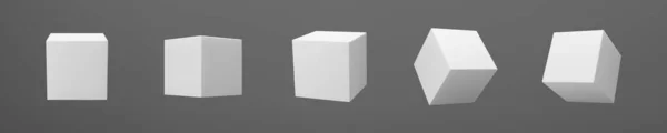 Branco 3d modelagem cubos definido com perspectiva isolada em fundo escuro. Renderizar uma caixa 3D rotativa em perspectiva com iluminação e sombra. Ícone vetorial realista — Vetor de Stock