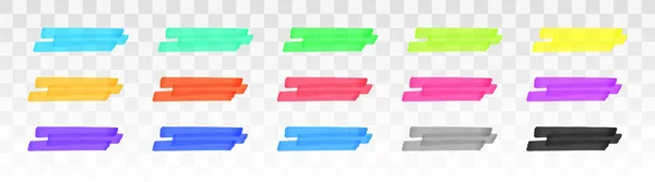 Color highlighter lines set isolated on transparent background. Red, yellow, pink, green, blue, purple, gray, black marker pen highlight underline strokes. Vector hand drawn graphic stylish element — Stock Vector