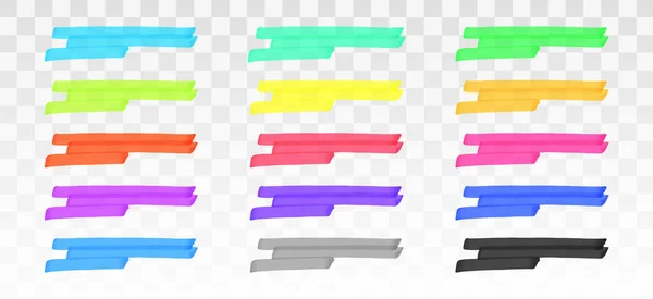Farbige Textmarker werden isoliert auf transparentem Hintergrund gesetzt. Rote, gelbe, rosa, grüne, blaue, lila, graue und schwarze Markierstifte unterstreichen die Striche. Vektor Hand gezeichnet Grafik stilvolles Element — Stockvektor