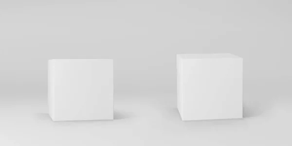 화이트 3d 큐브는 회색 배경에서 분리 된 원근감을 갖고 있다. 3d 모델 박스에 조명 과 그림자가 있어. 현실 벡터 아이콘 — 스톡 벡터