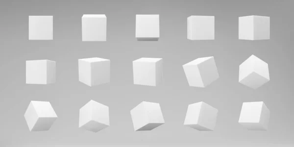 Gri arka planda perspektifli beyaz 3D modelleme küpleri. Işık ve gölgeyle perspektif olarak dönen bir 3D kutu oluştur. Gerçekçi vektör simgesi Telifsiz Stok Illüstrasyonlar