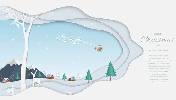 圣诞快乐 新年快乐贺卡 驯鹿与圣诞老人在冬季的背景 — 图库矢量图片