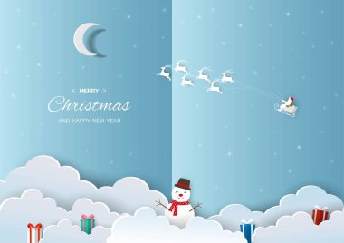 Mutlu Noeller ve mutlu yıllar tebrik kartı, Noel Baba kızakla uçuyor Ren geyikleri tarafından çekiliyor kış gecesinde