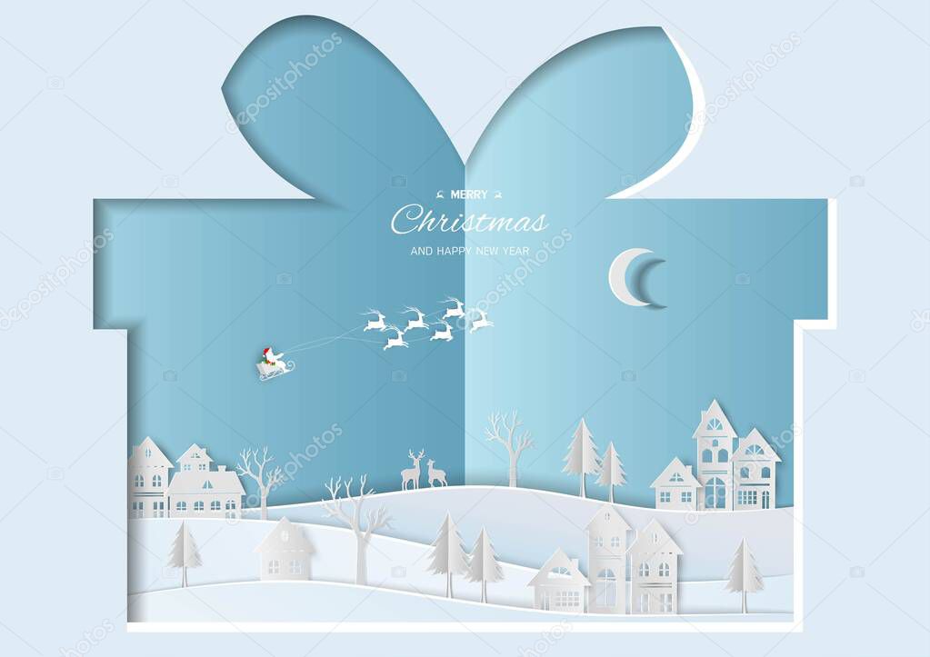Merry Christmas and Happy new year greeting card,Santa Claus flying over village on paper cut background