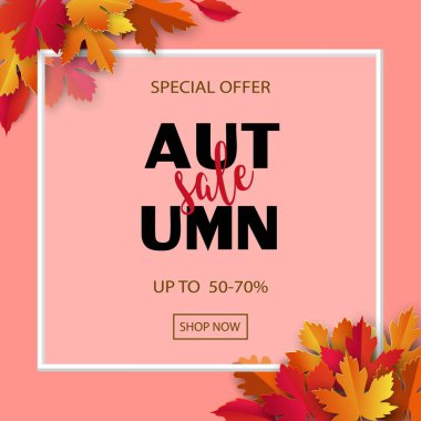 Discount season with autumn or fall sale banner on colorful leaves background