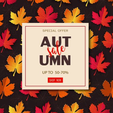 Çevrimiçi alışveriş, web sitesi, reklam veya tanıtım için renkli akçaağaç yapraklı sonbahar veya sonbahar satış afişi