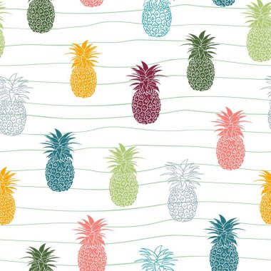Çizgisel arka planda el çizimi renkli ananas tropikal meyvesiz desen, vektör illüstrasyonu