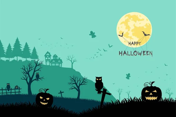 Halloween Nacht Landschap Silhouet Achtergrond Vector Illustratie — Stockvector