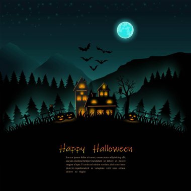 Poster, el ilanı, şablon veya parti daveti, vektör illüstrasyonu için siluet arka planda Cadılar Bayramı gecesi