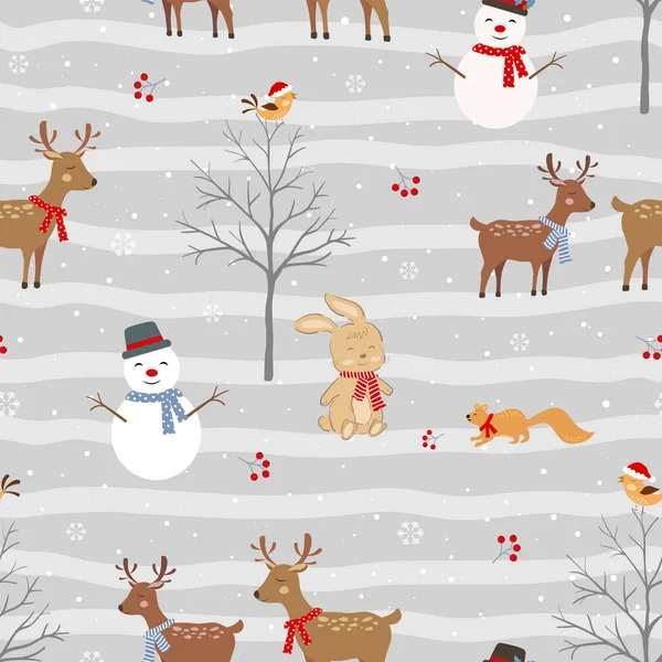Patrón Sin Costuras Navidad Con Animales Lindos Muñeco Nieve Fondo — Vector de stock