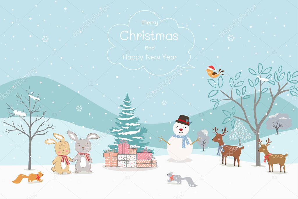 Merry Christmas and Happy new year greeting card with animals happy on winter background,vector illustration