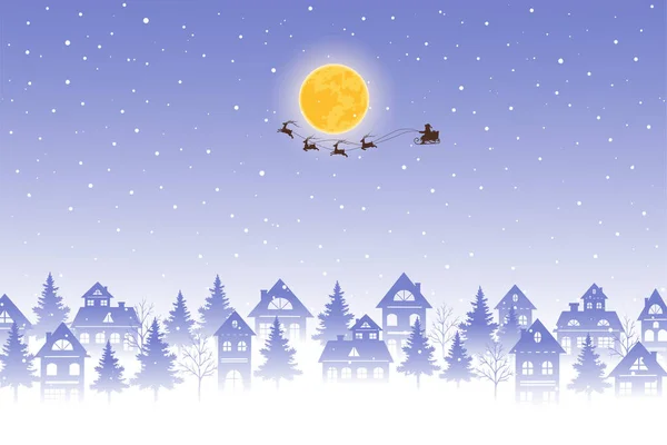 Weihnachtsmann Fliegt Über Dächer Mit Rentieren Auf Winternächtlichem Hintergrund Vektorillustration — Stockvektor