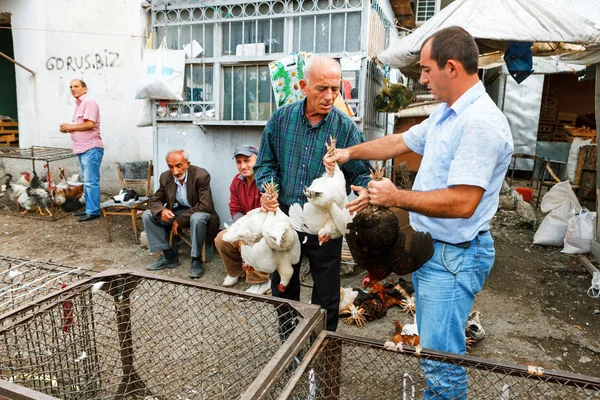 Sheki, Azerbaijan - 20 Temmuz 2015: erkek satıcı et kameraya bakarak portresi