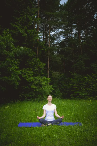 Giovane bella donna che fa meditazione yoga nella foresta all'aperto — Foto Stock